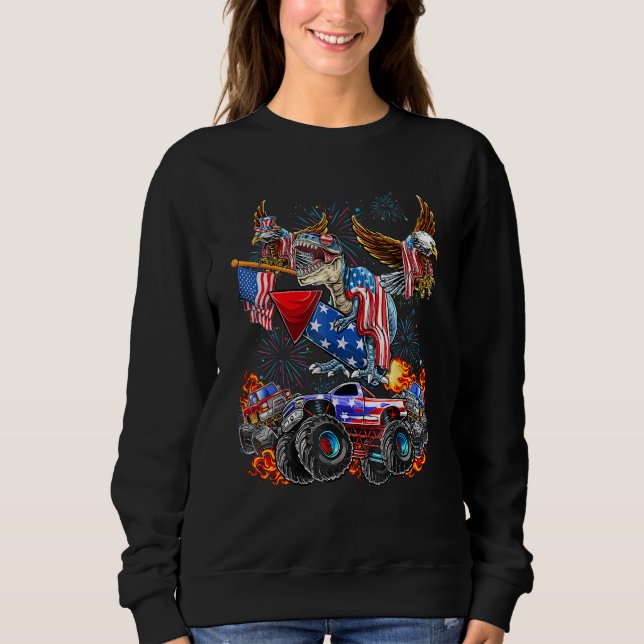 4th Of July Dinosaur Monster Truck Bald Eagle Amer Sweatshirt (Vorderseite)