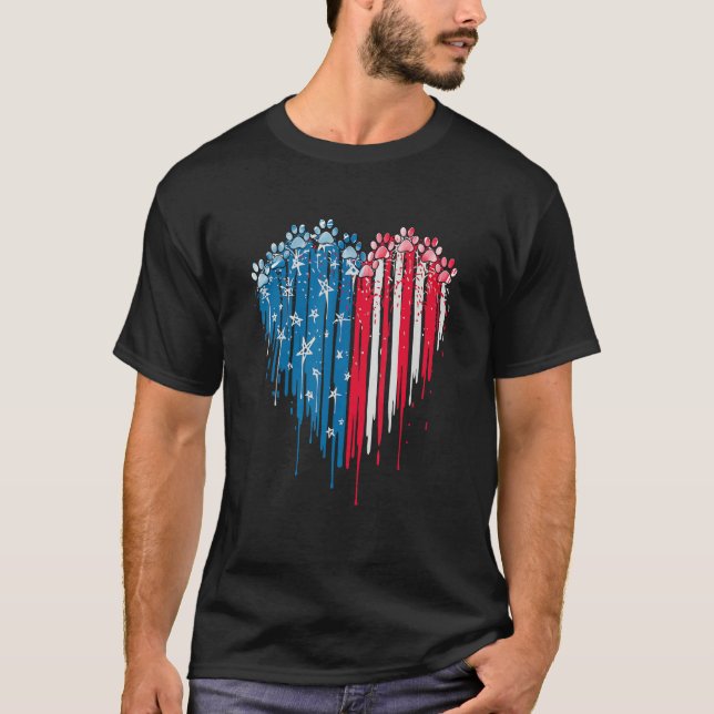 4th Of July Dog Paw Heart American Flag T-Shirt (Vorderseite)