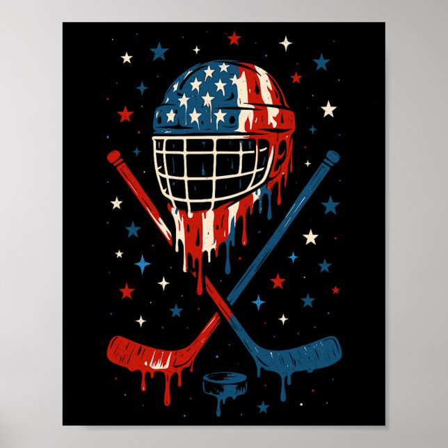 4th Of July Hockey Ice Cream Drip Helmet Sticks Us Poster (Vorne)