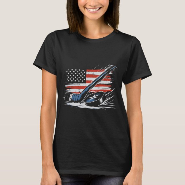 4th Of July Ice Hockey Stick Puck Us Flag Men Boys T-Shirt (Vorderseite)