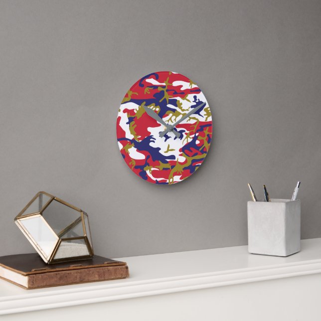 4th of July, Independence day, Camouflage Gold Runde Wanduhr (Büro)