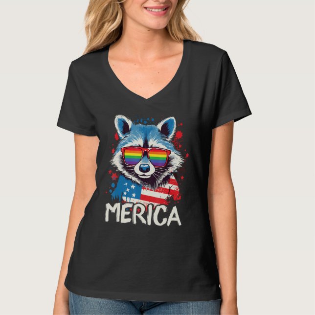 4th Of July Merica  Raccoon LGBT Pride Sunglasses  T-Shirt (Vorderseite)