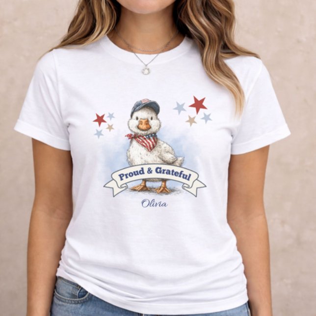 4th of July Patriotic Animal Tri-Blend Shirt (patriotic women t-shirt with duck illustration and Proud and Grateful name design)