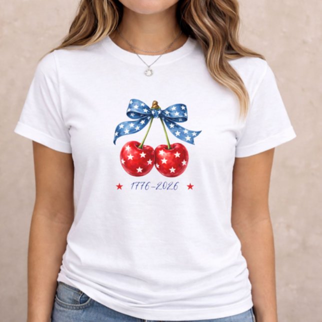 4th of July Patriotic Cherry Tri-Blend Shirt (patriotic women t-shirt with cherry bow 1776–2026 America design on neutral background)