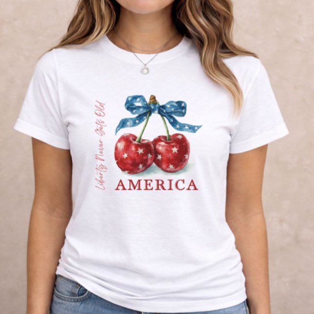 4th of July Patriotic Cherry Tri-Blend Shirt (patriotic women t-shirt with cherry and bow America design on neutral background)
