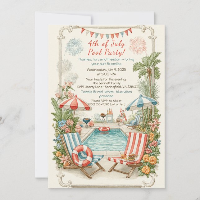 4th of July Pool Party Invitation – Elegant Line Einladung (Vorderseite)