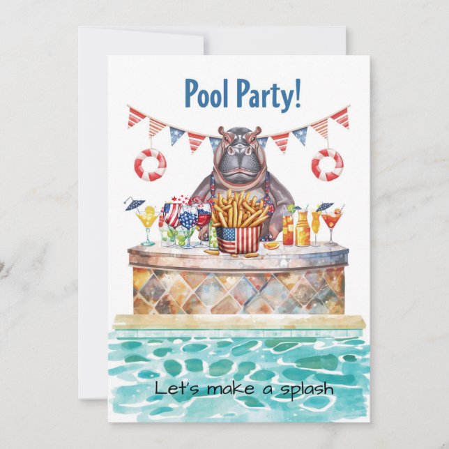 4th of July Pool Party with Hippo  Einladung (Vorderseite)