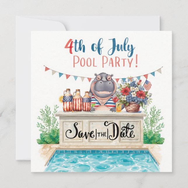 4th of July Pool Party with Hippo  Save The Date (Vorderseite)