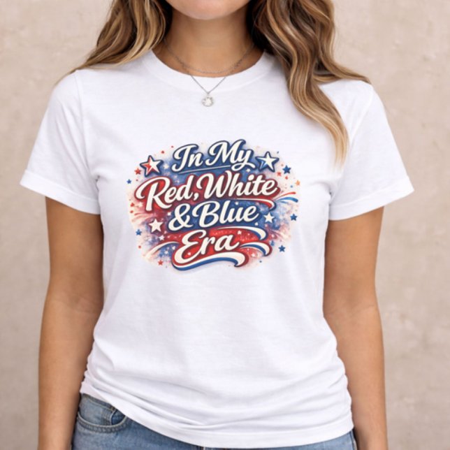 4th of July Red White and Blue Era Tri-Blend Shirt (patriotic women t-shirt with In My Red White and Blue Era text on neutral background)
