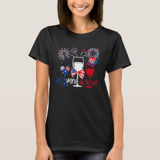 4th Of July Red White Blue Wine Glasses Fireworks  T-Shirt