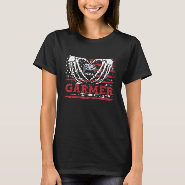 4th Of July Skeleton Video Game Gamer American Fla T-Shirt (Vorderseite)