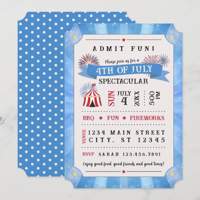 4th Of July Spectacular Ticket Invitation (Blue) Einladung (Vorne/Hinten)