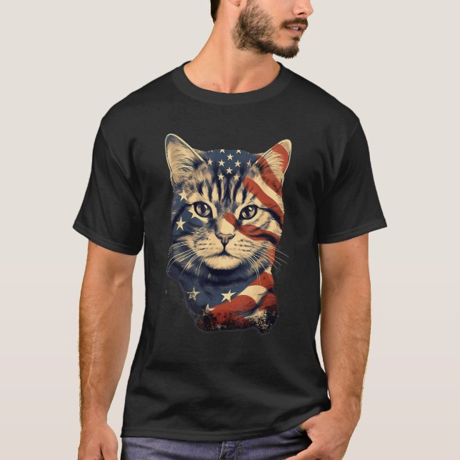 4th Of July US Flag American Shorthair Cat T-Shirt (Vorderseite)