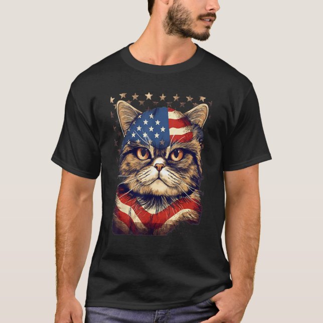 4th Of July US Flag Exotic Shorthair Cat T-Shirt (Vorderseite)