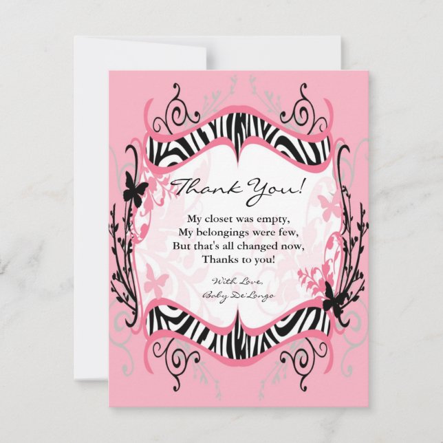 4x5 FLAT Danke Card Girl Butterfly Zebra Print (Vorderseite)