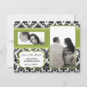 4x5 Save-the-Date-Karte - schwarzer Damast & Grün Save The Date