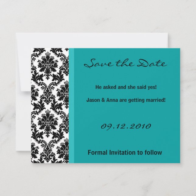 4x5 Save the Date Karte - Schwarzer Damast und Aqu (Vorderseite)