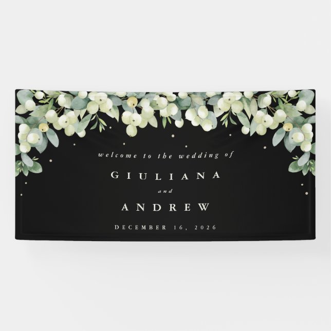 4'x8' Black Snowberry+Eukalyptus Wedding Willkomme Banner (Horizontal)