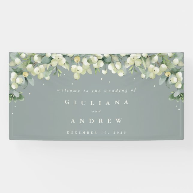 4'x8' Green Snowberry+Eucalyptus Wedding Willkomme Banner (Horizontal)