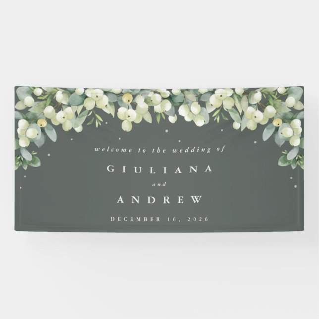 4'x8' Green Snowberry+Eucalyptus Wedding Willkomme Banner (Horizontal)