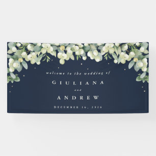 4'x8' Navy-Schneebeeren+Eukalyptus Hochzeitsbegrüß Banner