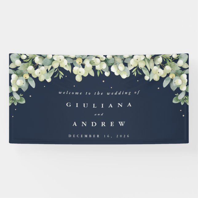 4'x8' Navy Snowberry+Eucalyptus Wedding Willkommen Banner (Horizontal)