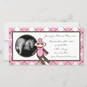 4x8 Rosa Raute Sock Monkey Geburtsankündigung Ankündigung