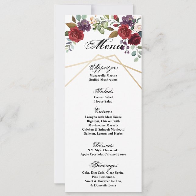 4x9.25 Menükarten Weiße Rosen Goldene Flora Einladung (Vorderseite)