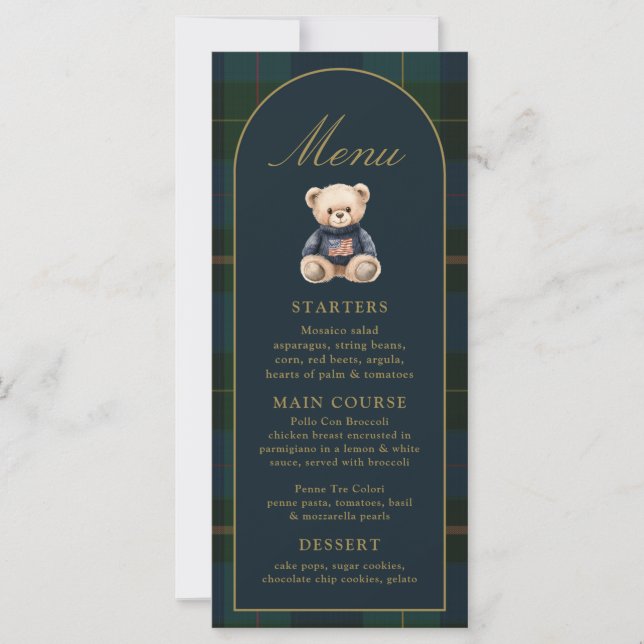 4x9" Classic Teddy Bear Plaid Baby Shower Menu (Vorderseite)