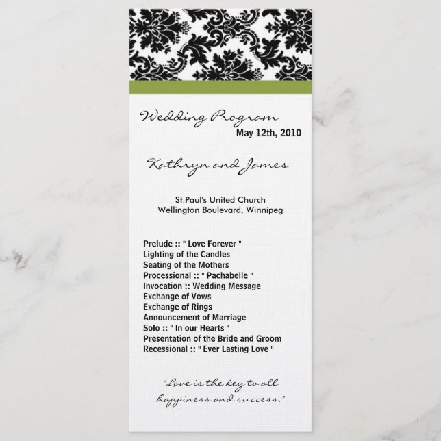 4x9 Hochzeitsprogramm - Schwarze Damaskus und Grün Programm (Vorderseite)