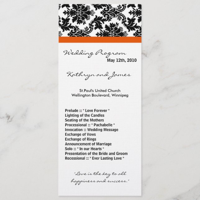 4x9 Hochzeitsprogramm - Schwarzer Damast und Orang Programm (Vorderseite)