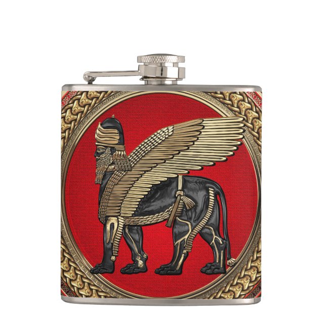 [500] Assyrian Winged Lion: Gold & Black Lamassu Flachmann (Vorderseite)