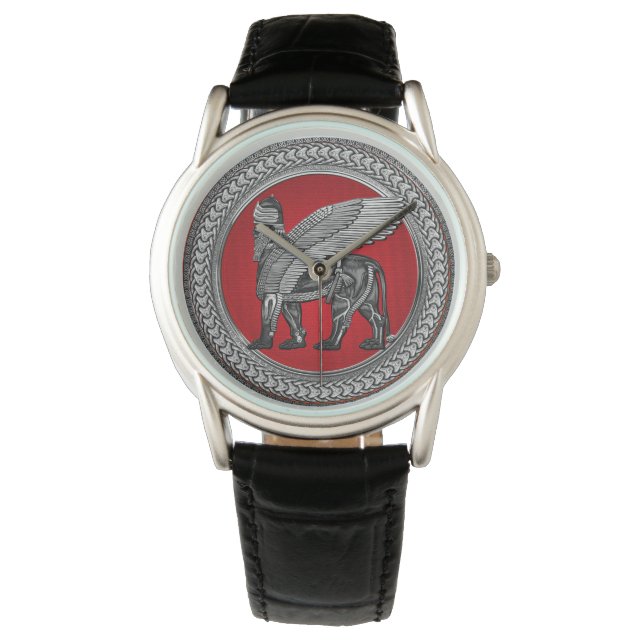 [500] Assyrian Winged Lion: Silver & Black Lamassu Armbanduhr (Vorderseite)