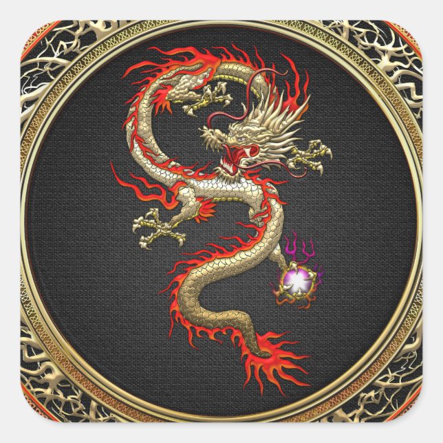 [500] Goldener chinesischer Drache Fucanglong Quadratischer Aufkleber (Vorderseite)