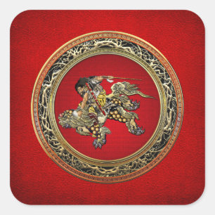 [500] Hokusai - Shoki Riding Shishi Lion Quadratischer Aufkleber