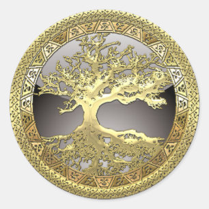 [500] Keltischer Baum des Lebens [Gold] Runder Aufkleber
