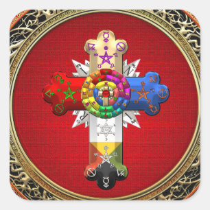 [500] Rosiges Kreuz (Rose Croix) auf Rot u. Gold Quadratischer Aufkleber