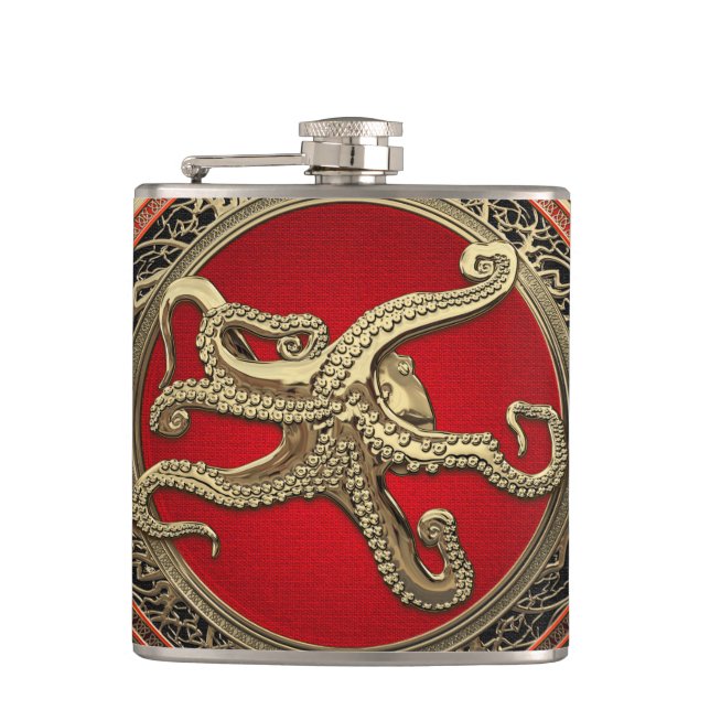 [500] Sacred Gold Octopus in Defensive Posture Flachmann (Vorderseite)