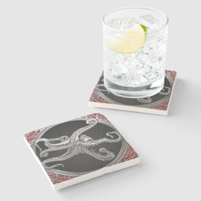 [500] Sacred Silver Octopus in Defensive Posture Steinuntersetzer (Seitenansicht)