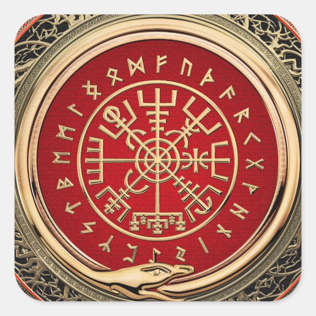 [500] Vegvisir - Viking Gold Magic Runic Compass Quadratischer Aufkleber (Vorderseite)