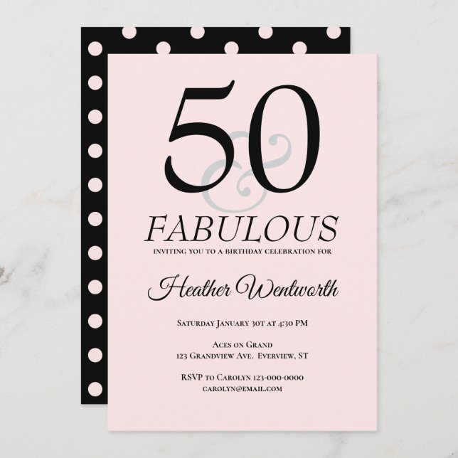 50 and Fabulous 50th Birthday Blush Pink Einladung (Vorne/Hinten)