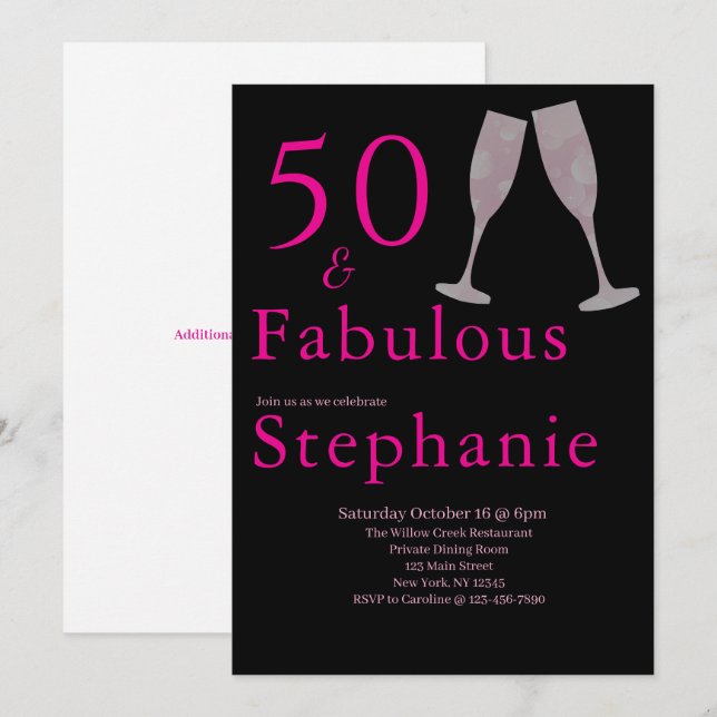50 and Fabulous | 50th Birthday Party Black Pink Einladung (Vorne/Hinten)