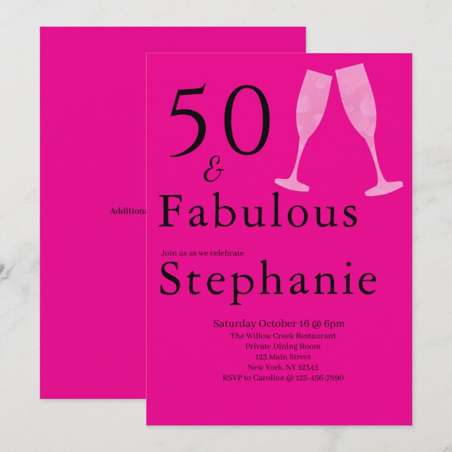 50 and Fabulous | 50th Birthday Party Black Pink Einladung (Vorne/Hinten)