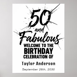 50 and Fabulous Birthday Bursting Black and White Poster