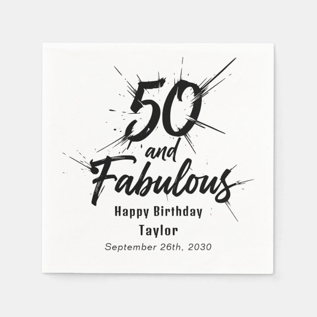 50 and Fabulous Birthday Bursting Black and White Serviette (Vorderseite)
