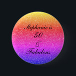 50 And Fabulous Birthday Pink Purple Glitter Black Button<br><div class="desc">Mit hübschem,  gürtelnem und wunderschönem rosa lila Hintergrund und personalisierter Textvorlage für den Namen,  den Sie bearbeiten können,  ist dies perfekt für die 50. Geburtstagsfeiern!</div>