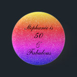 50 And Fabulous Birthday Pink Purple Glitter Black Button<br><div class="desc">Mit hübschem,  gürtelnem und wunderschönem rosa lila Hintergrund und personalisierter Textvorlage für den Namen,  den Sie bearbeiten können,  ist dies perfekt für die 50. Geburtstagsfeiern!</div>