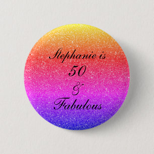 50 And Fabulous Birthday Pink Purple Glitter Black Button