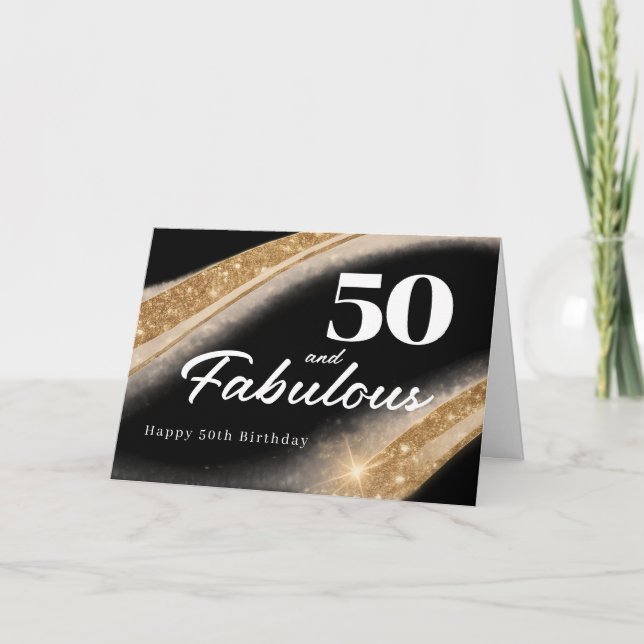 50 and Fabulous Black Gold 50th Birthday Karte (Vorderseite)