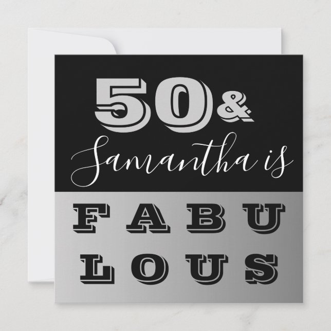 50 and Fabulous Black Silver 50th Birthday Party Einladung (Vorderseite)